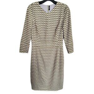 Piol New York Geometric Box Print V Neck Long Sleeve Green Zip Dress Size Medium